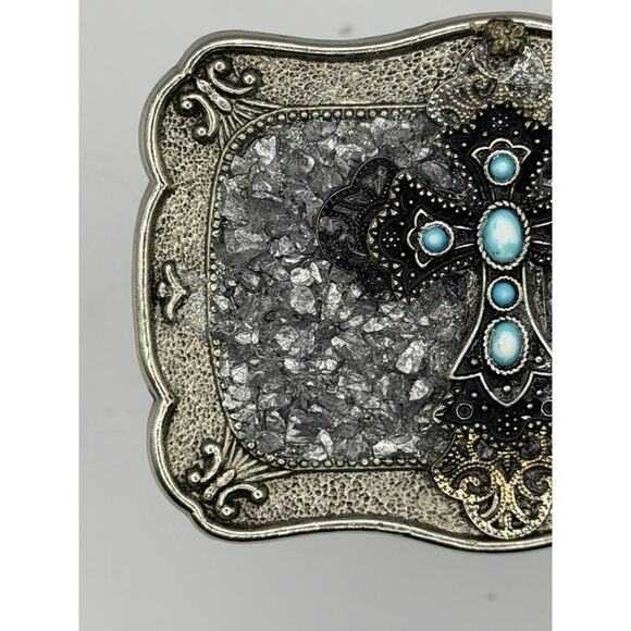 Vintage P. Kellogg Signed Western Belt Buckle Cross Ornate Crushed Silver 3.75\